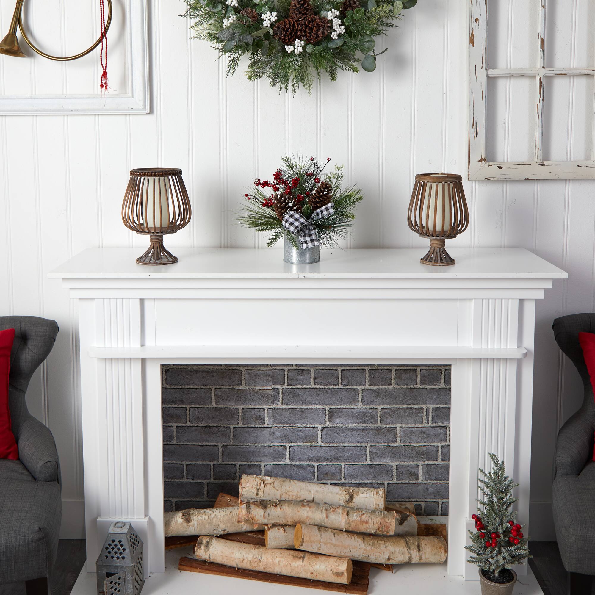 12" Frosted Pinecones & Berries Artificial Arrangement in Vase with Decorative Plaid Bow